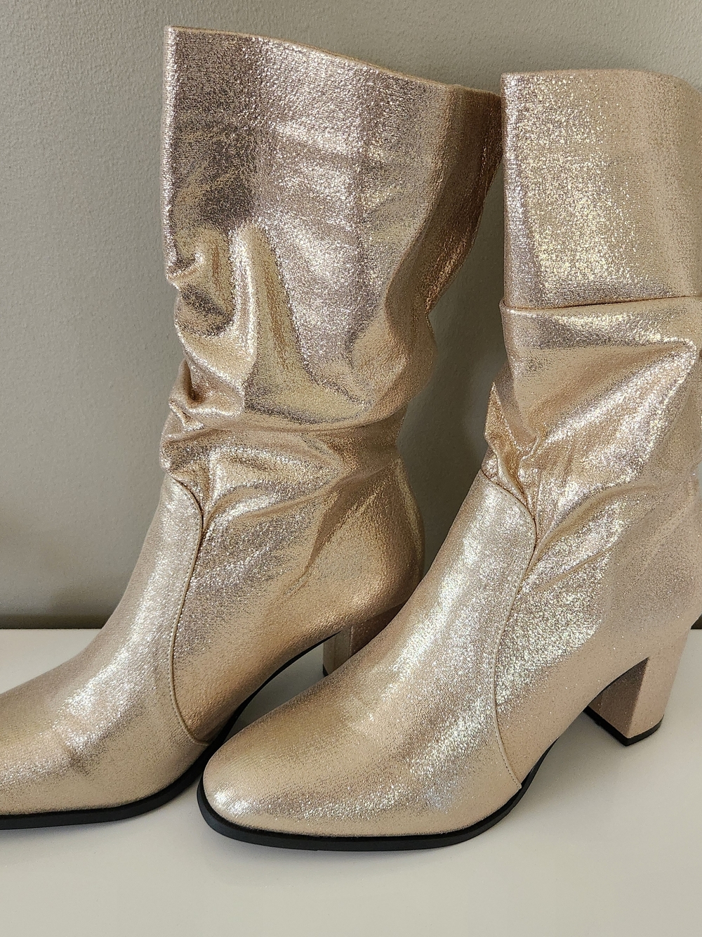 Shimmering Gold Slouch Block-Heel Boots - Women